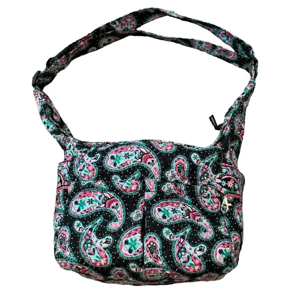 Faith Hope Love Shoulder Bag Black Paisley Floral Quilted Multi-Pocket Purse Zip - Picture 3 of 16
